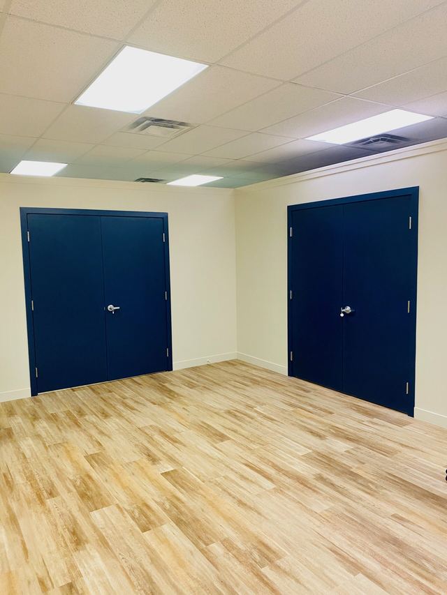 Empty room with wooden floor and two dark blue doors.