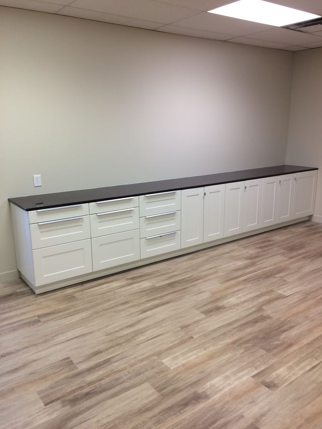Long white cabinets with black countertop in a room with wooden flooring.