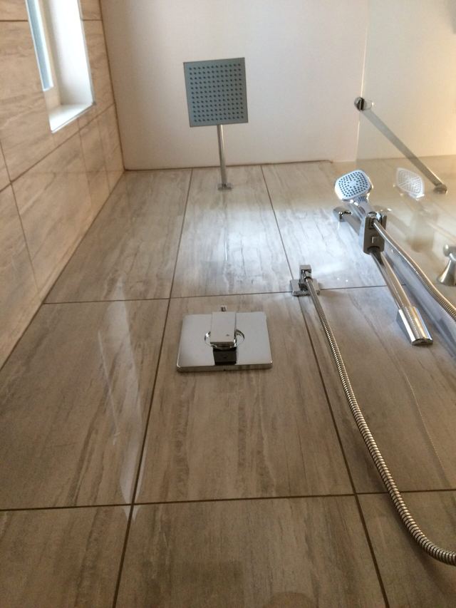 Modern bathroom shower with rainfall showerhead and floor drain.